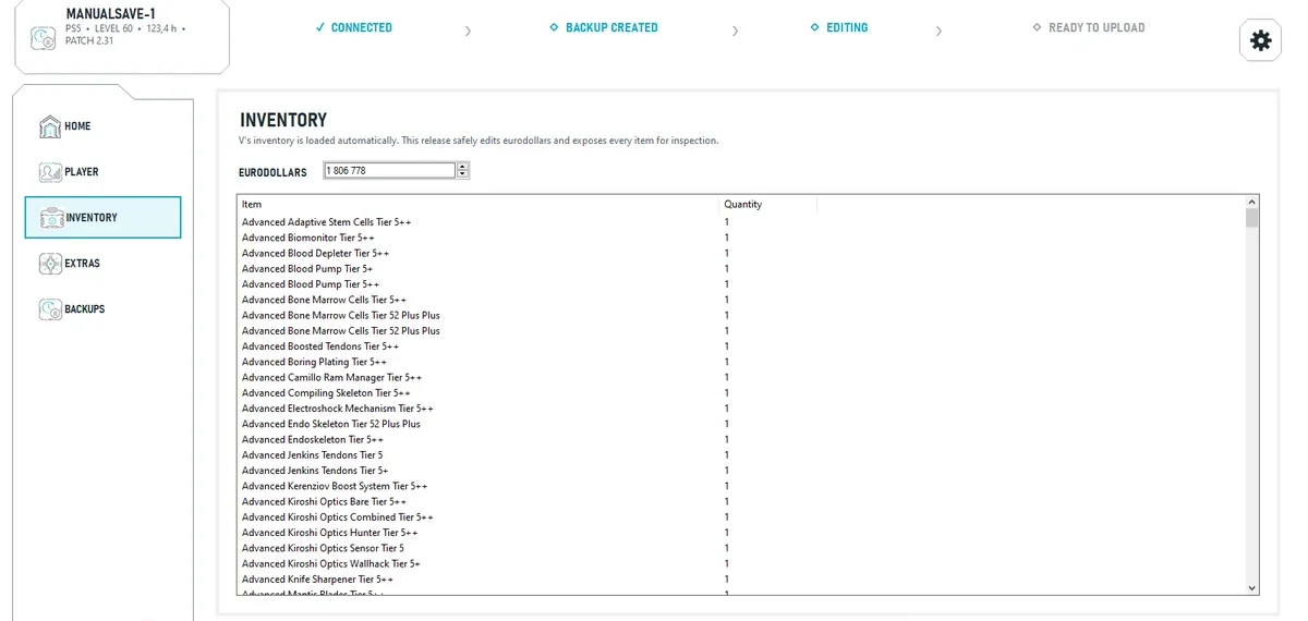 Inventory editor showing Cyberpunk 2077 items, quantities and eurodollars