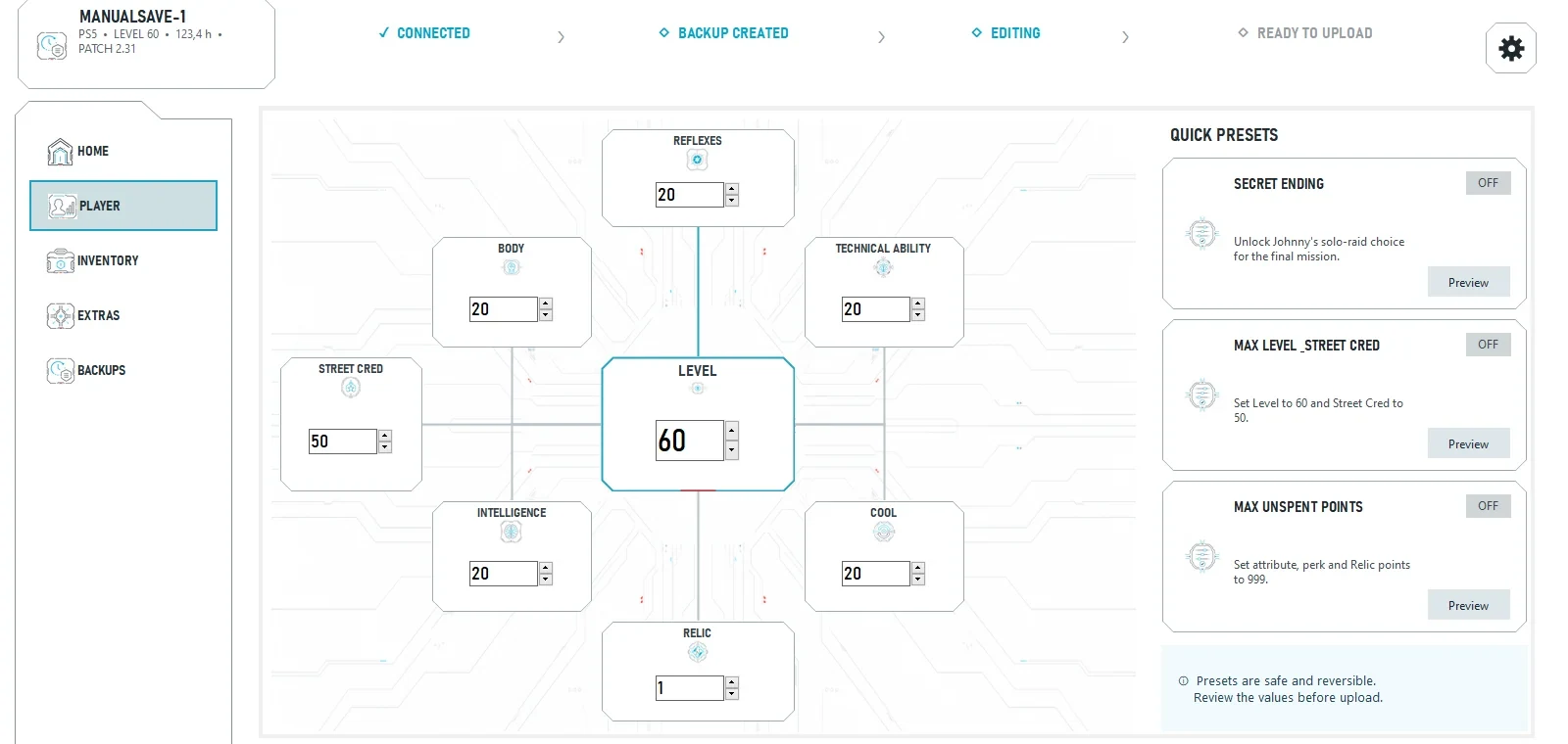 SaveGrid player editing screen with level, Street Cred, attributes and optional presets